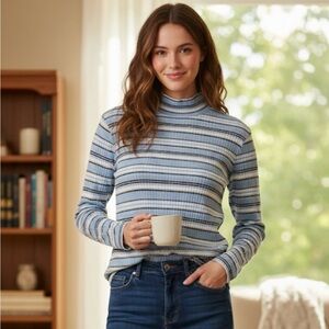 CLASSIC ELEMENTS Striped Mock Neck Sweater, Women’s S, Blue White